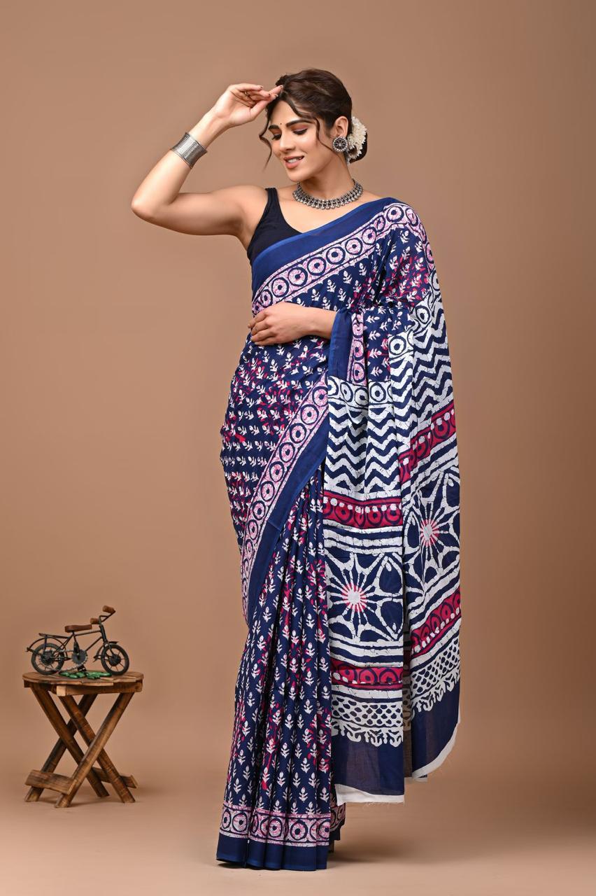 Pure Mulmul Cotton hand block Print Saree with Blouse