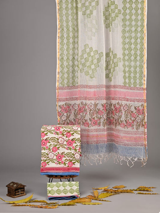 Pure Cotton Hand Block Print Suit With Kota Doriya Dupatta