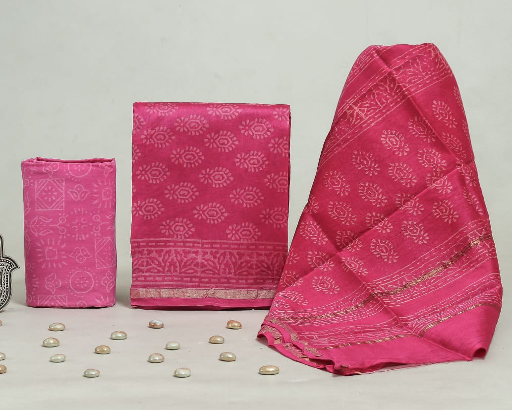 Hand Block Print Chanderi Silk Unstitched Suit