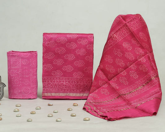 Hand Block Print Chanderi Silk Unstitched Suit