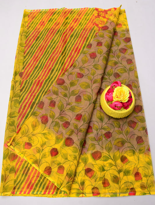 Pure Cotton Kota Doria Kalam Kari Floral Print Sarees