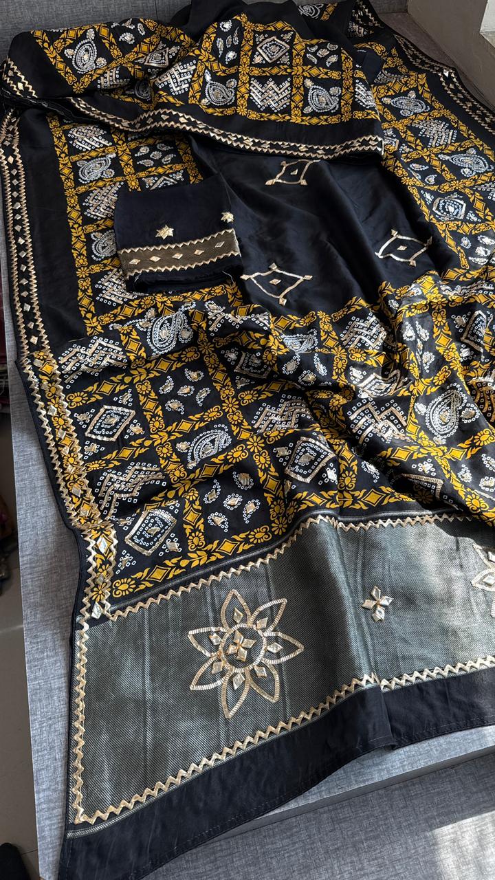 Pure Munga Silk Gotta Patti Work Saree With Blouse