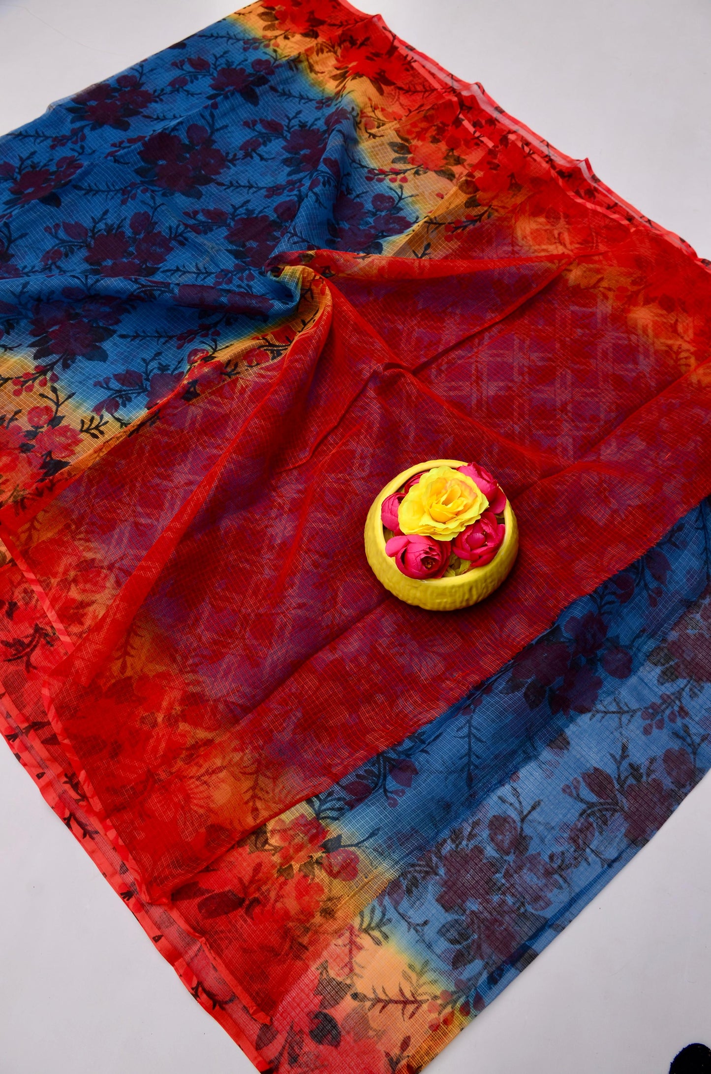 Pure Cotton Kota Doria Kalam Kari Floral Print Sarees