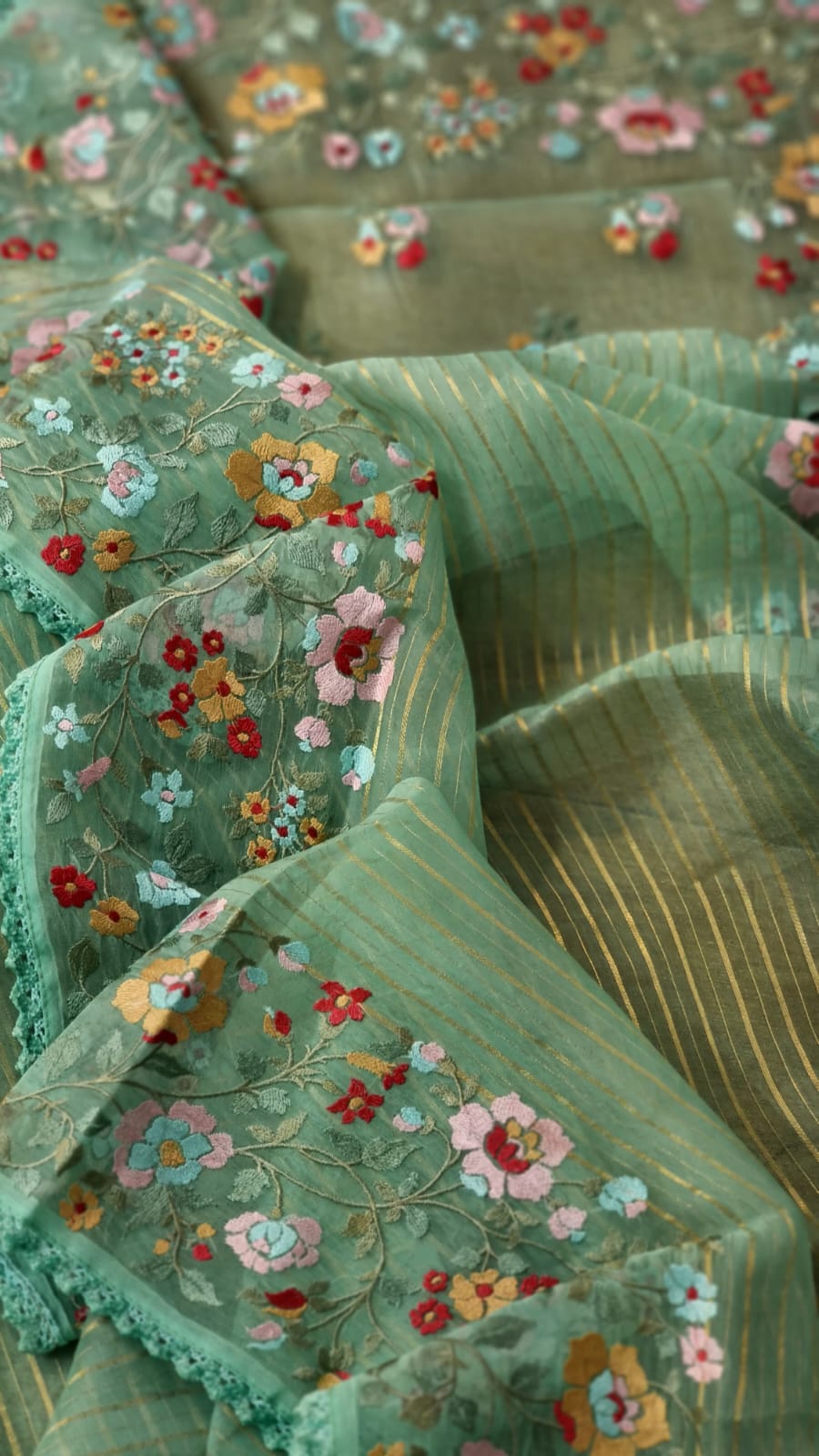 Pure Organza Silk  floral Embroidery Saree with velvet lace and heavy blouse