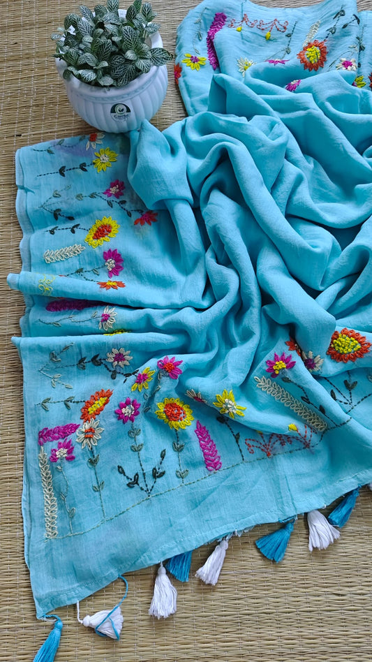 Beautiful Hand Stitch Pure Mul Cotton Saree Without blouse