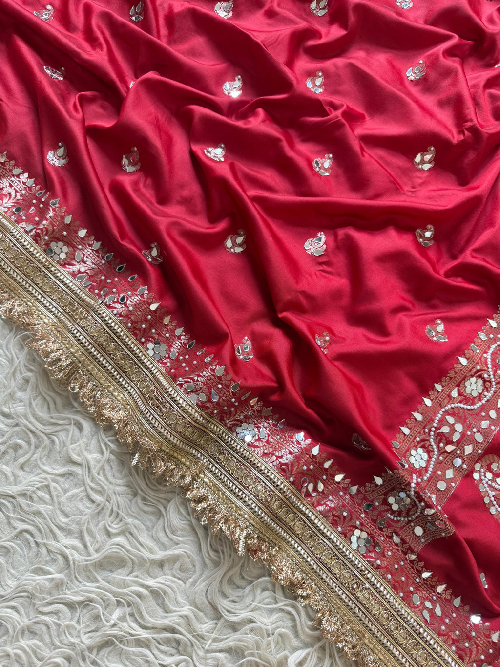 Banarasi Katan Mirror Work Saree With Beautiful Maharani Borders