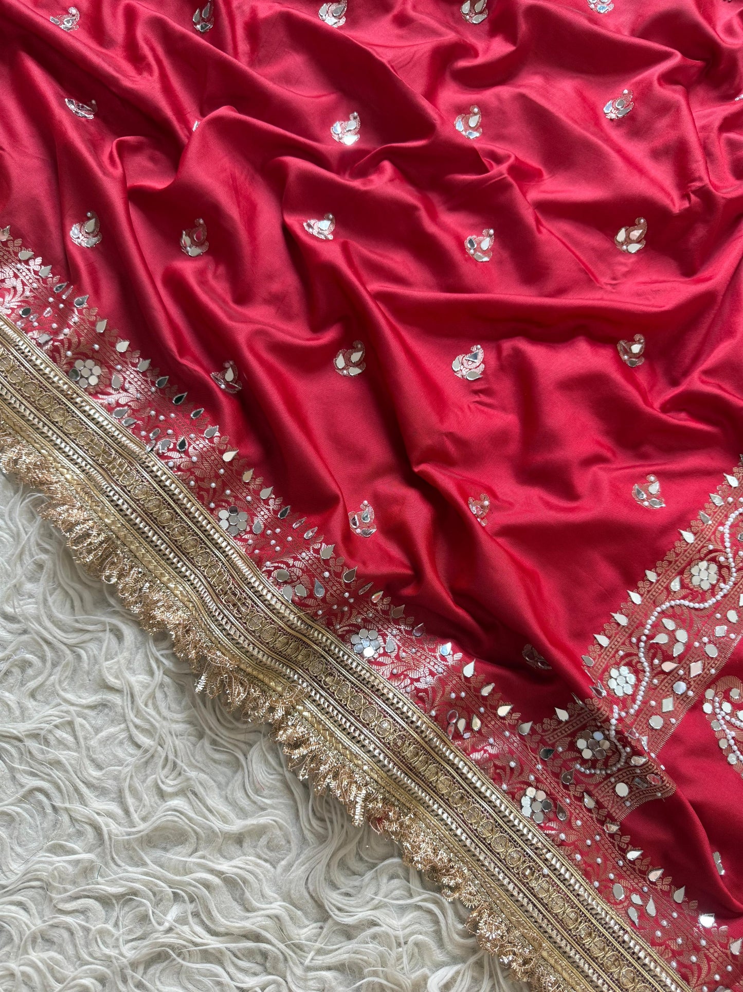 Banarasi Katan Mirror Work Saree With Beautiful Maharani Borders