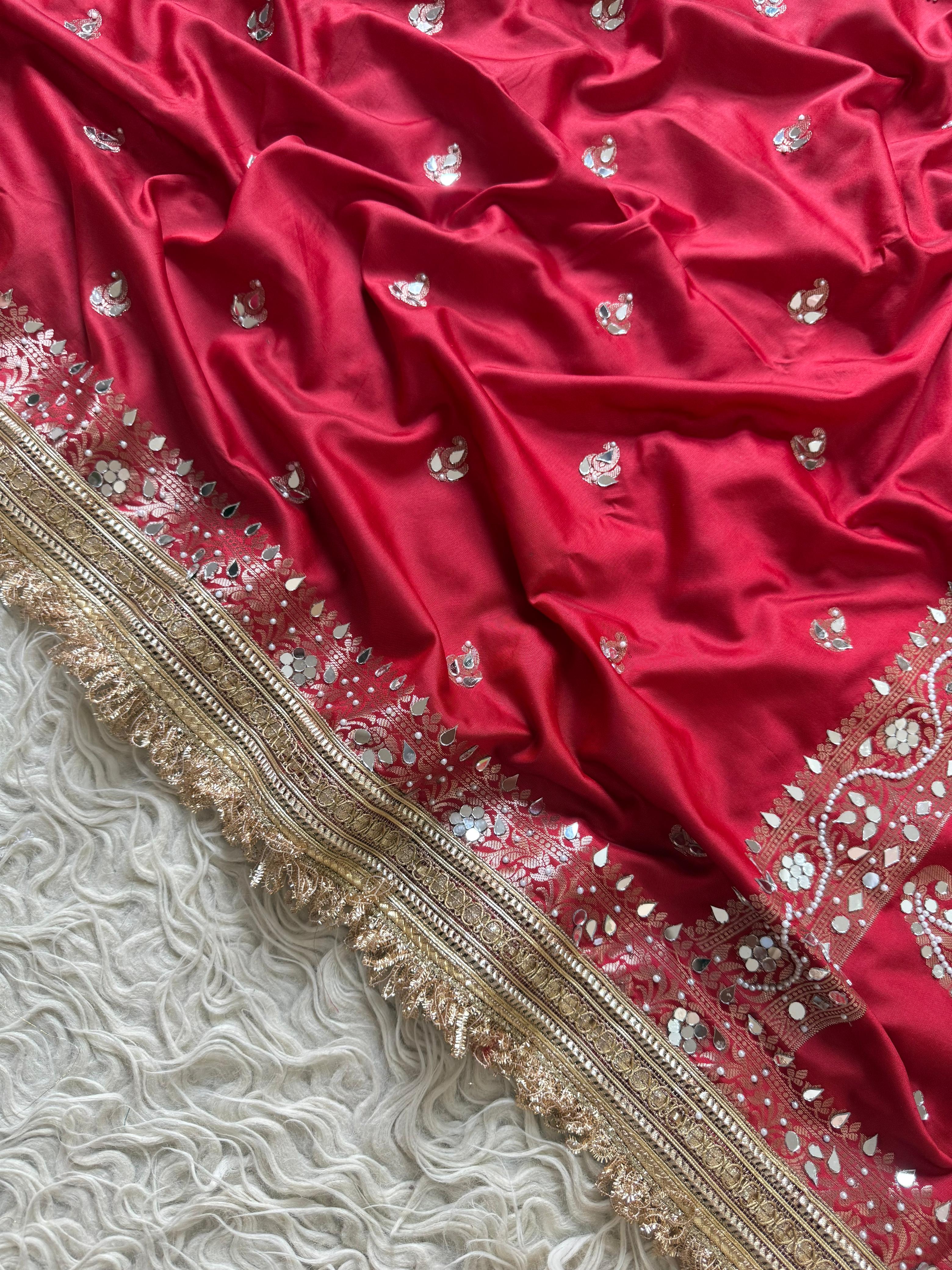 Banarasi Katan Mirror Work Saree With Beautiful Maharani Borders