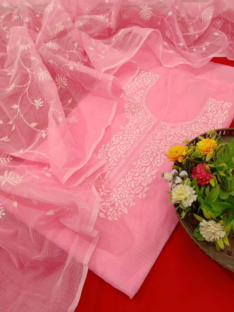Pure Kota-Doria Unstitched Suit with Embroidery Work