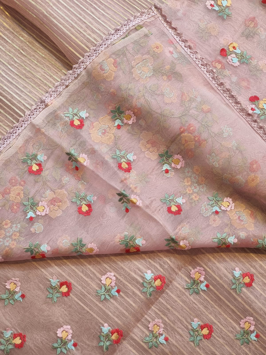 Pure Organza Silk  floral Embroidery Saree with velvet lace and heavy blouse