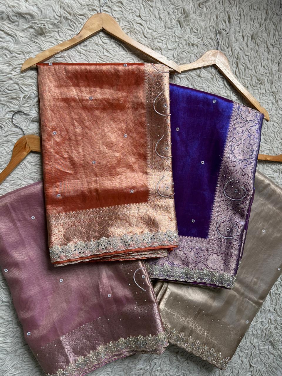 Banarasi Tissue Silk Saree With beautiful borders with beads work
