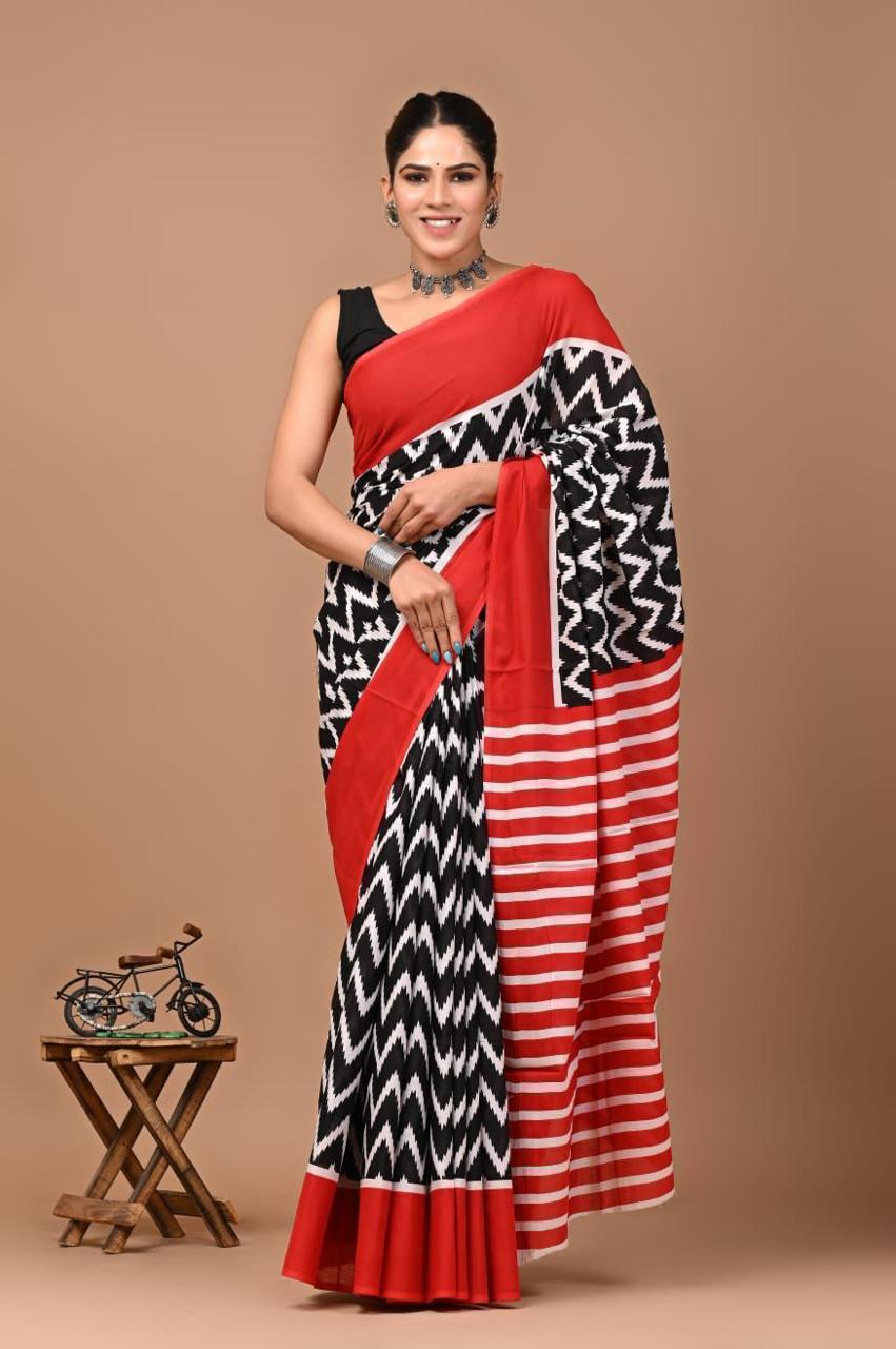 Pure Mulmul Cotton hand block Print Saree with Blouse