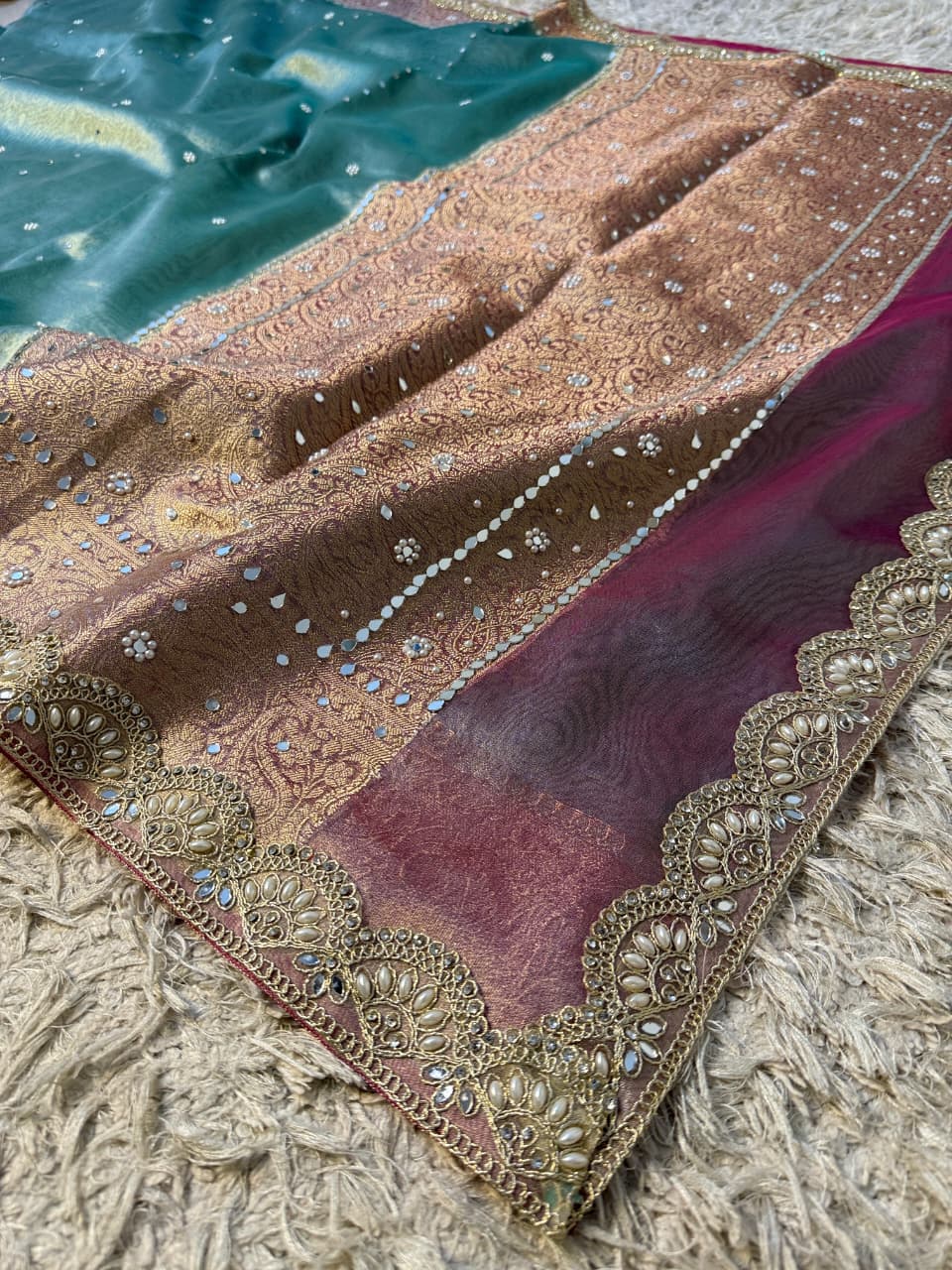 Elegant Tissue Mirror Work Saree with Designer Lace Border