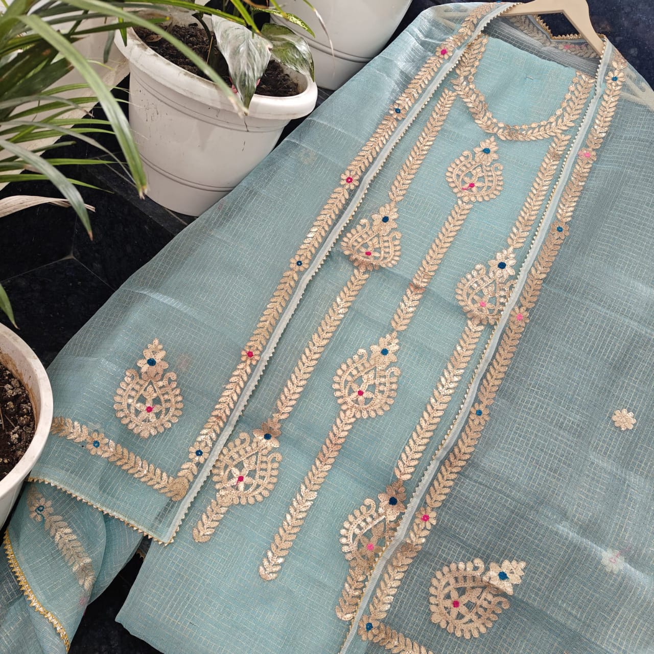 Pure Kota-Doria Unstitched Suit Gota Patti work  Work