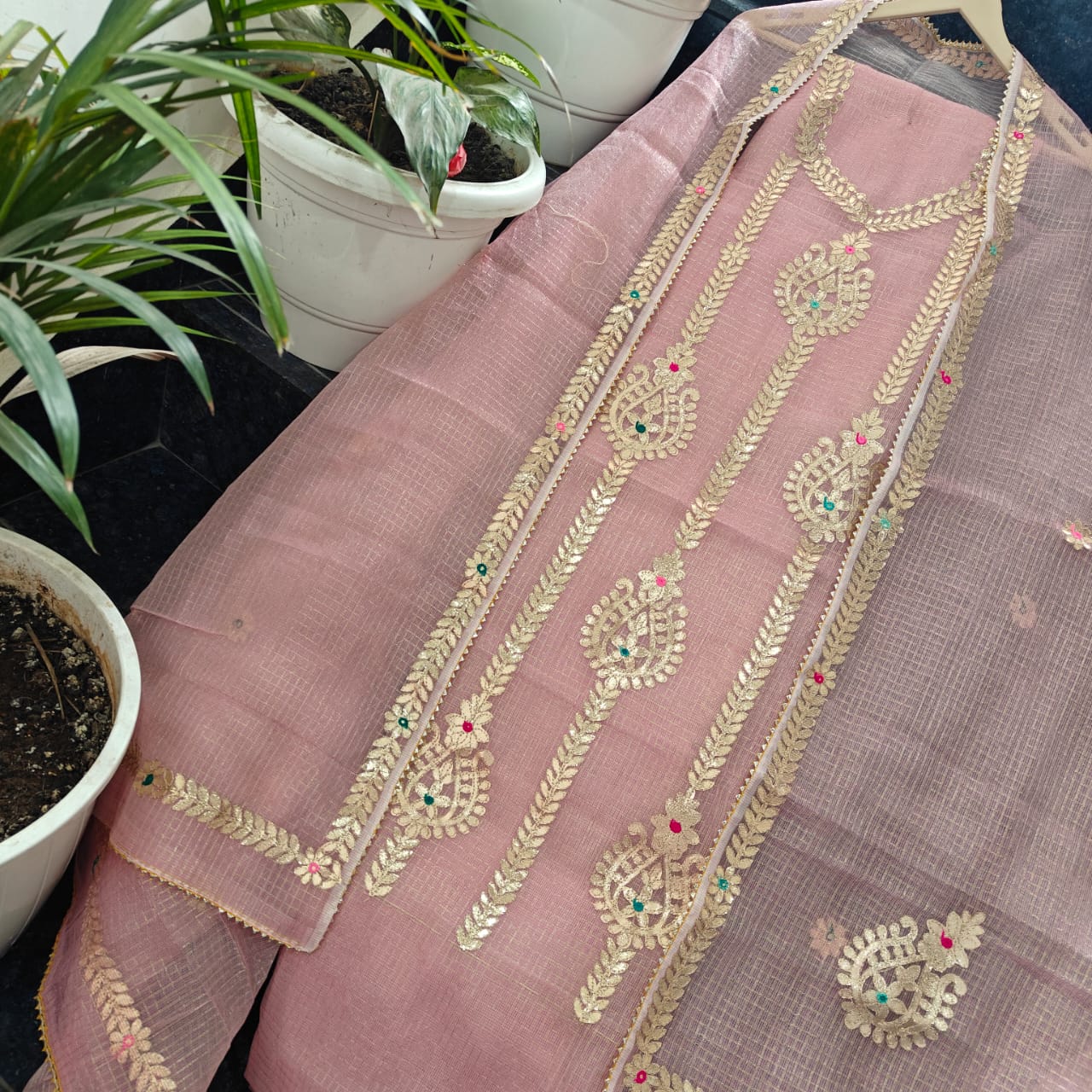 Pure Kota-Doria Unstitched Suit Gota Patti work  Work