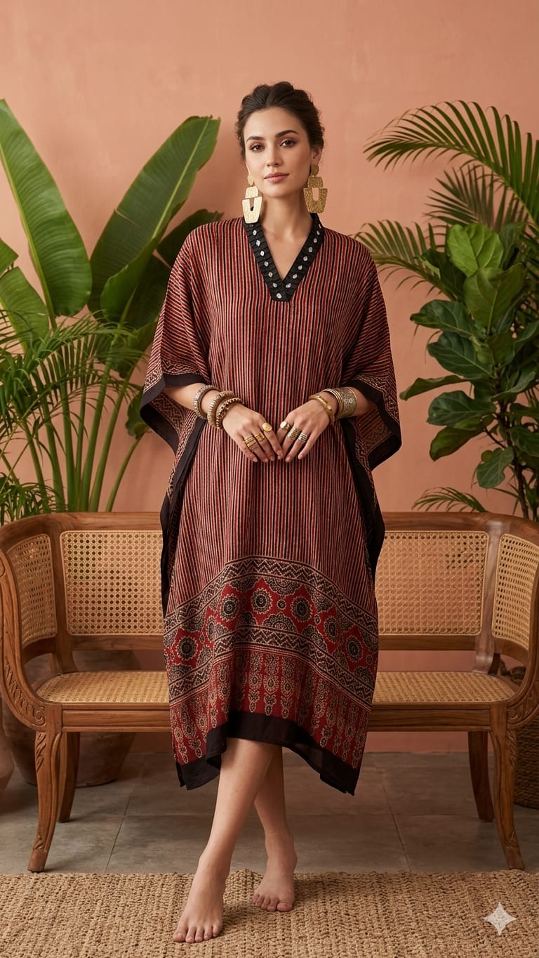 Pure Modal Silk Handblock Printed Kaftans Stitched suit With Hand Mirror Work