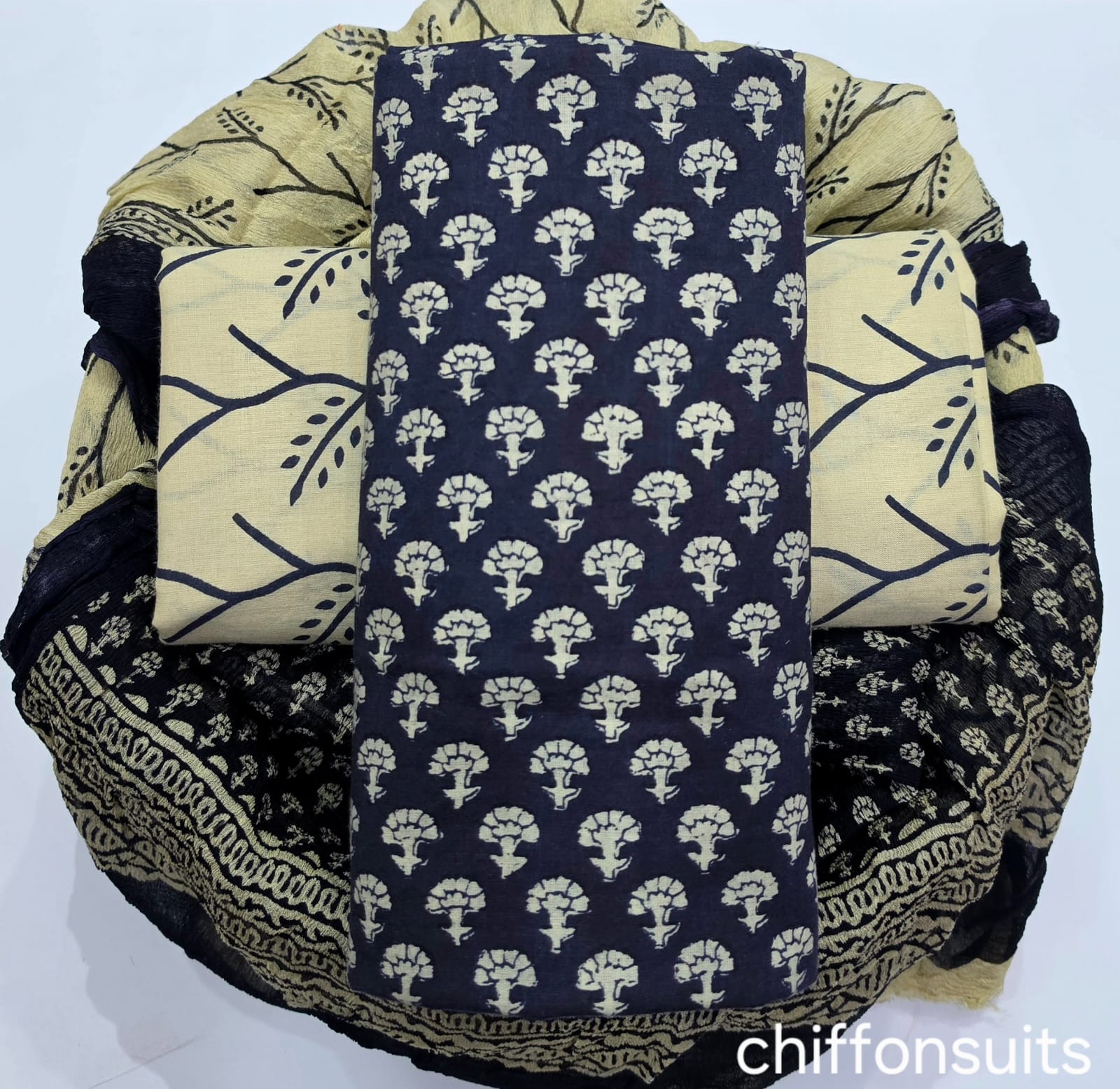 Pure cotton hand-block print suit with Chiffon dupatta