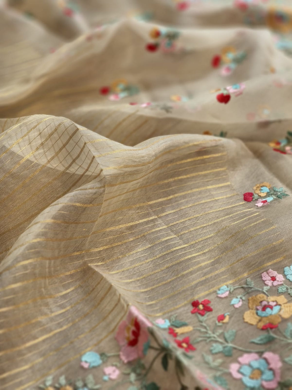 Pure Organza Silk  floral Embroidery Saree with velvet lace and heavy blouse