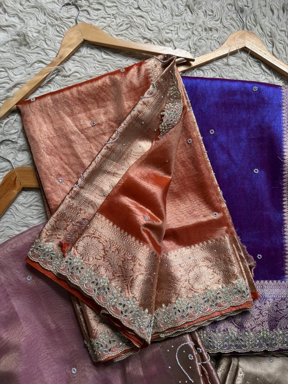 Banarasi Tissue Silk Saree With beautiful borders with beads work