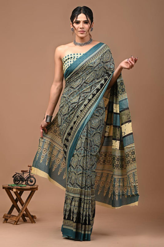 Pure Mulmul Cotton hand block Print Saree with Blouse