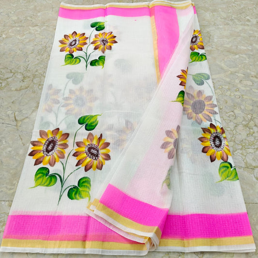 Beautiful kota cotton hand brush print work saree