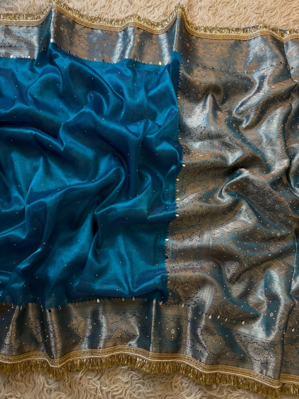 Banarasi Tissue Silk Saree With beautiful borders with beads work