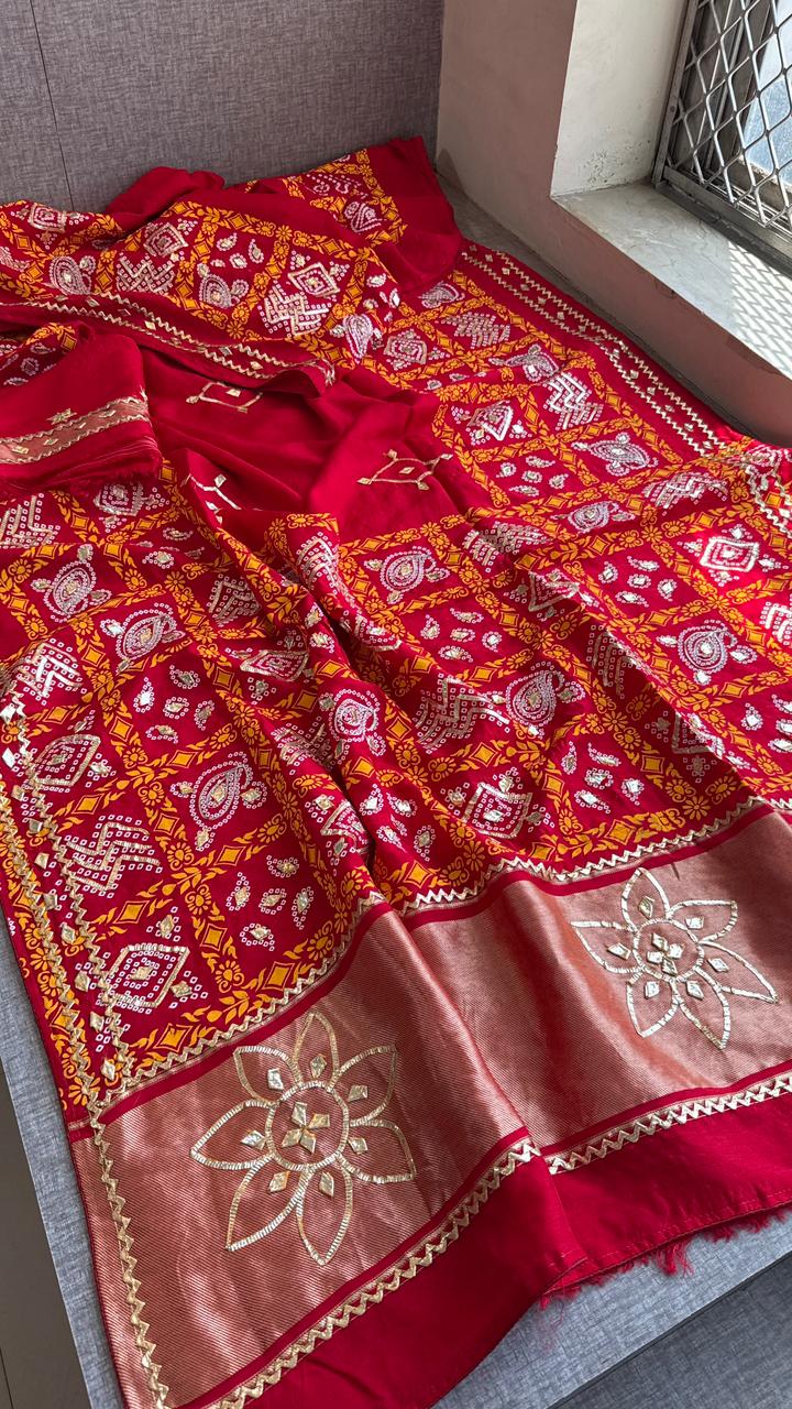Pure Munga Silk Gotta Patti Work Saree With Blouse