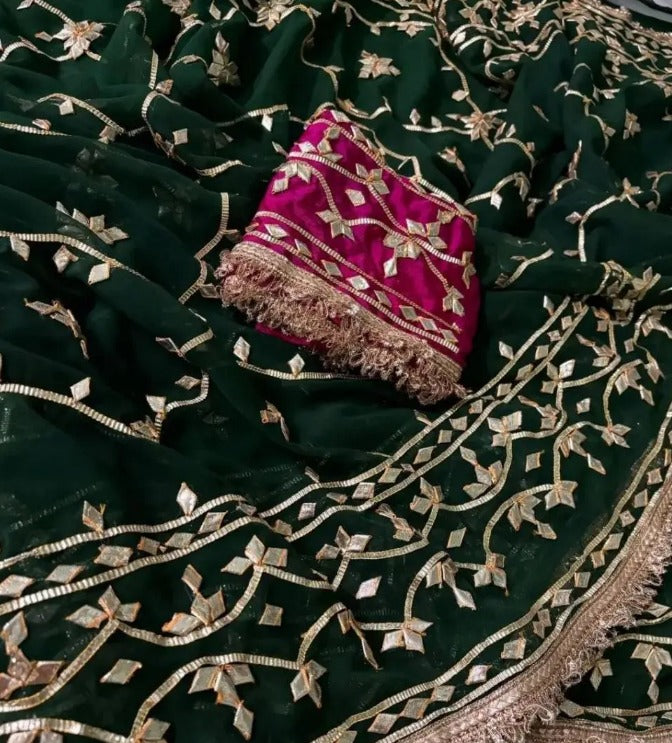 Pure Diamond Chiffon Gota Patti  Work Saree With Blouse