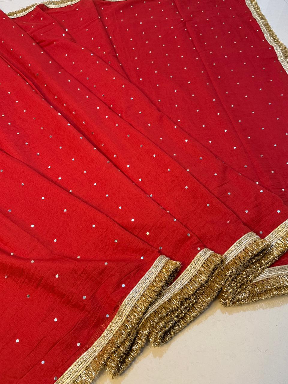 Designer Katan Cotton Banarasi Handwork Mirror and Lace Work Saree
