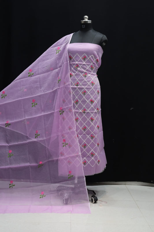 Pure Kota-Doria Unstitched Suit with Embroidery Work