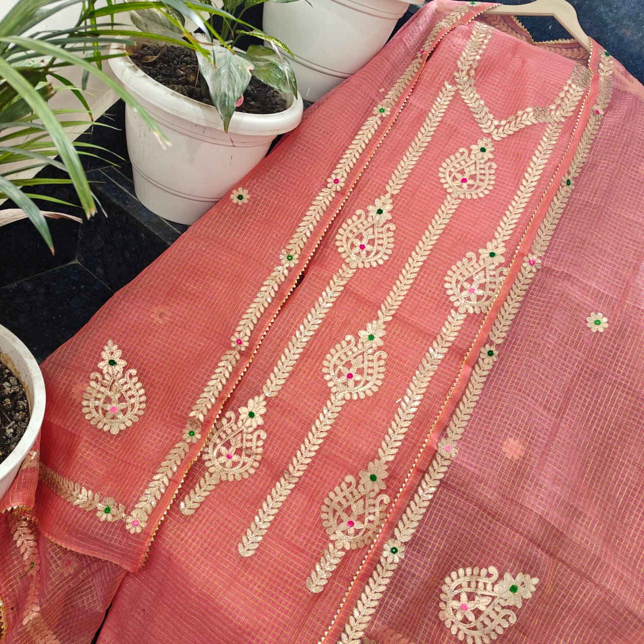 Pure Kota-Doria Unstitched Suit Gota Patti work  Work