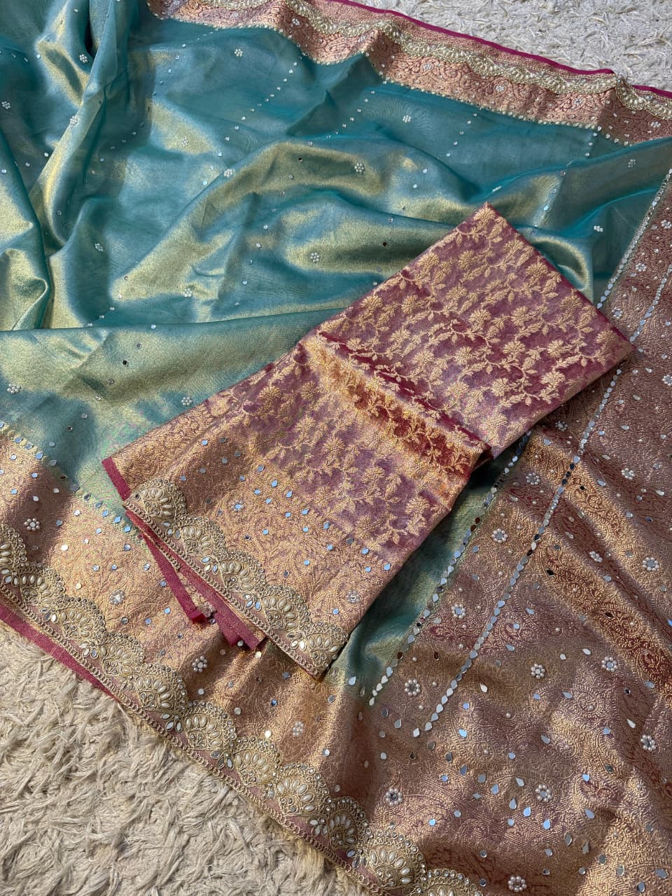 Elegant Tissue Mirror Work Saree with Designer Lace Border
