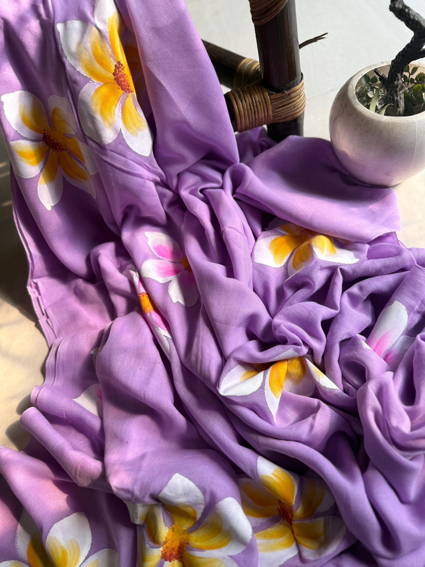 Beautiful Mulmul   Cotton Flowers design Hand Painted Saree