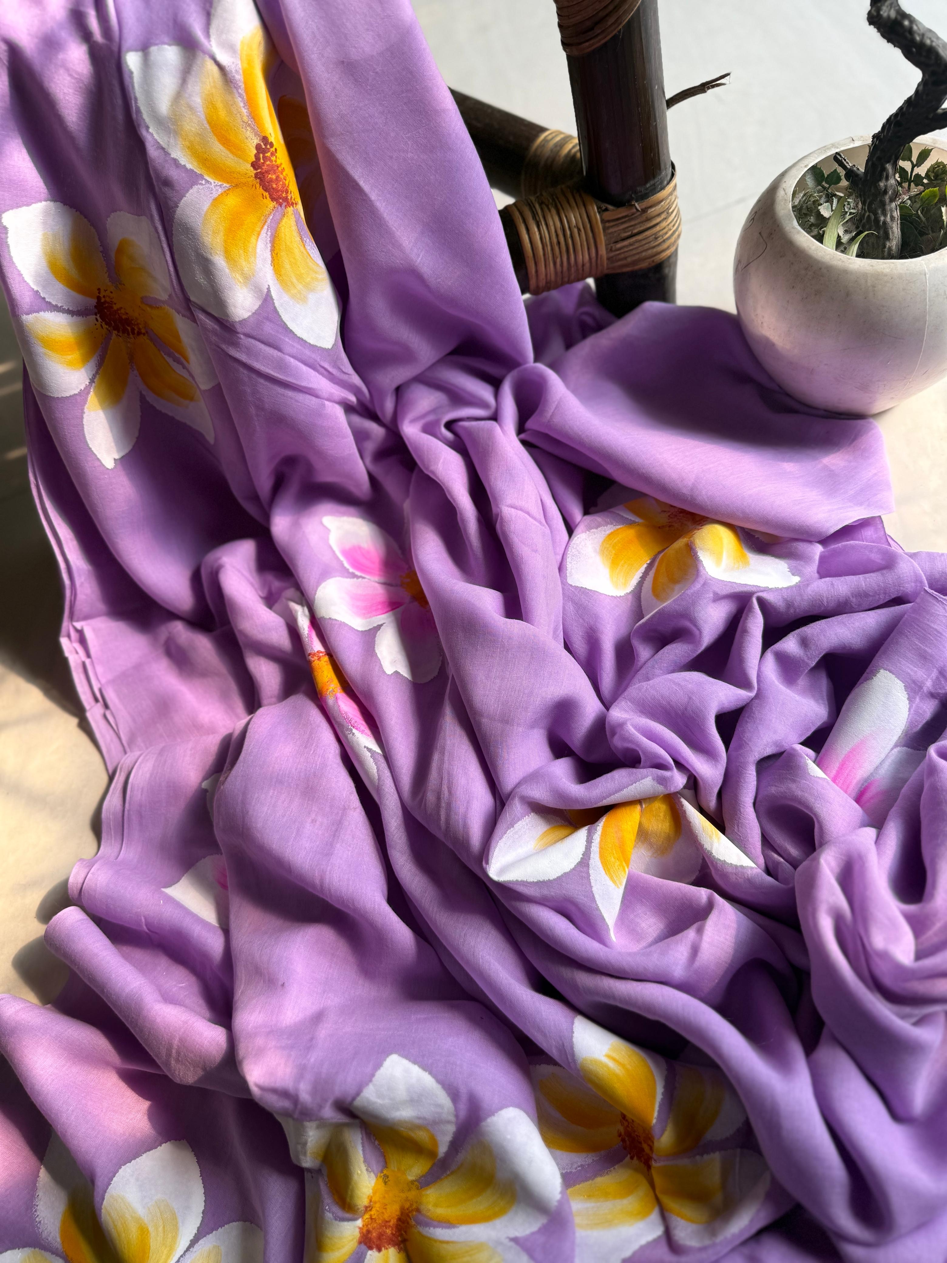 Beautiful Mulmul   Cotton Flowers design Hand Painted Saree