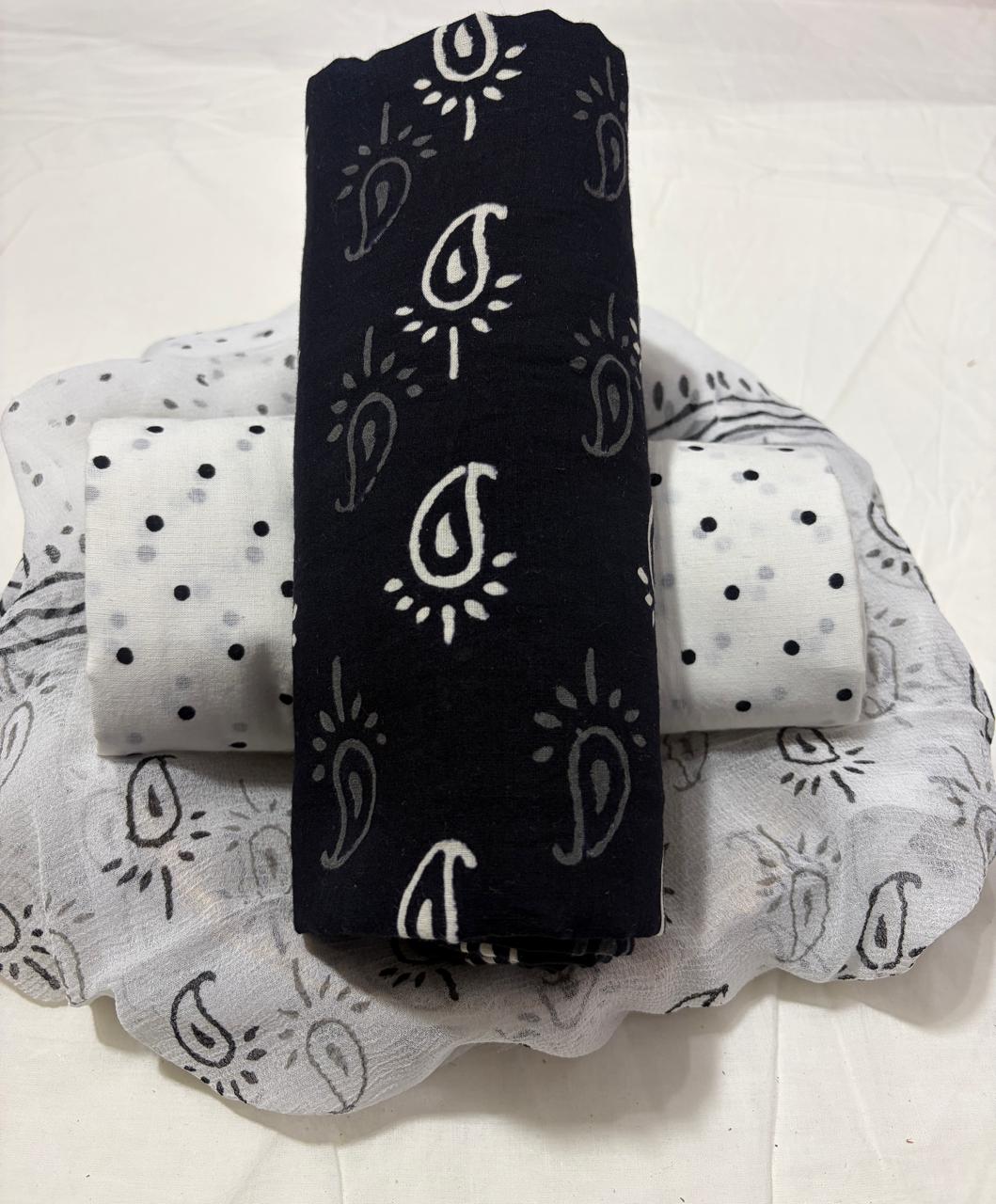 Pure cotton hand-block print suit with Chiffon dupatta