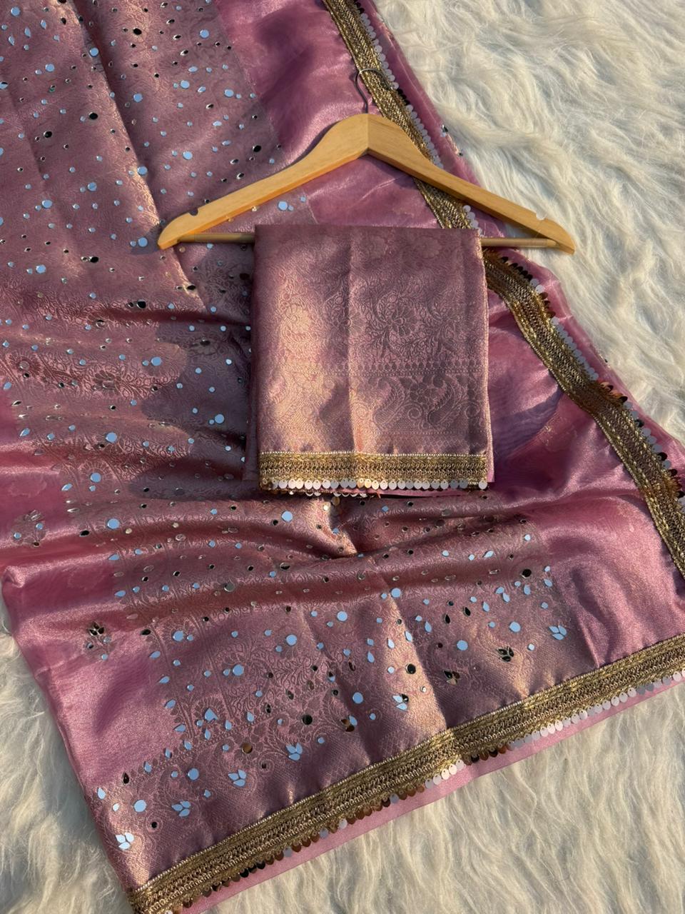 Elegant Tissue Mirror Work Saree with Designer Lace Border