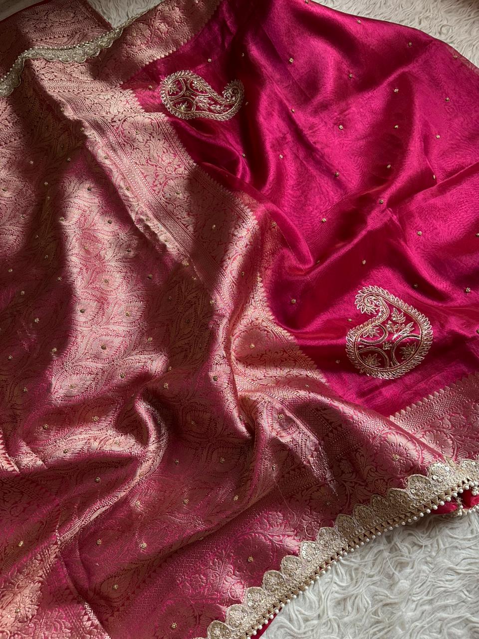 Banarasi Tissue Silk  Hand Work Saree With Heavy Blouse
