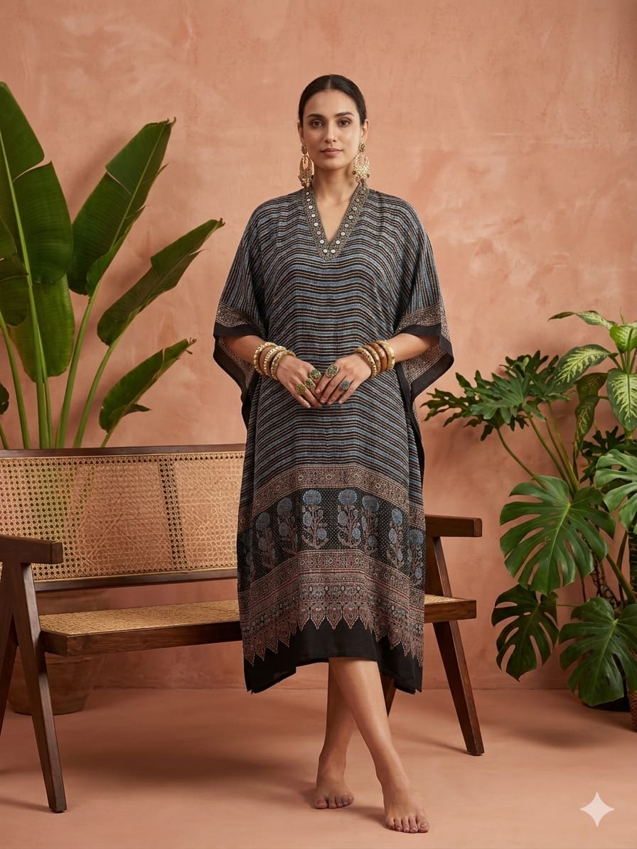 Pure Modal Silk Hand block Printed Kaftans Stitched suit With Hand Mirror Work