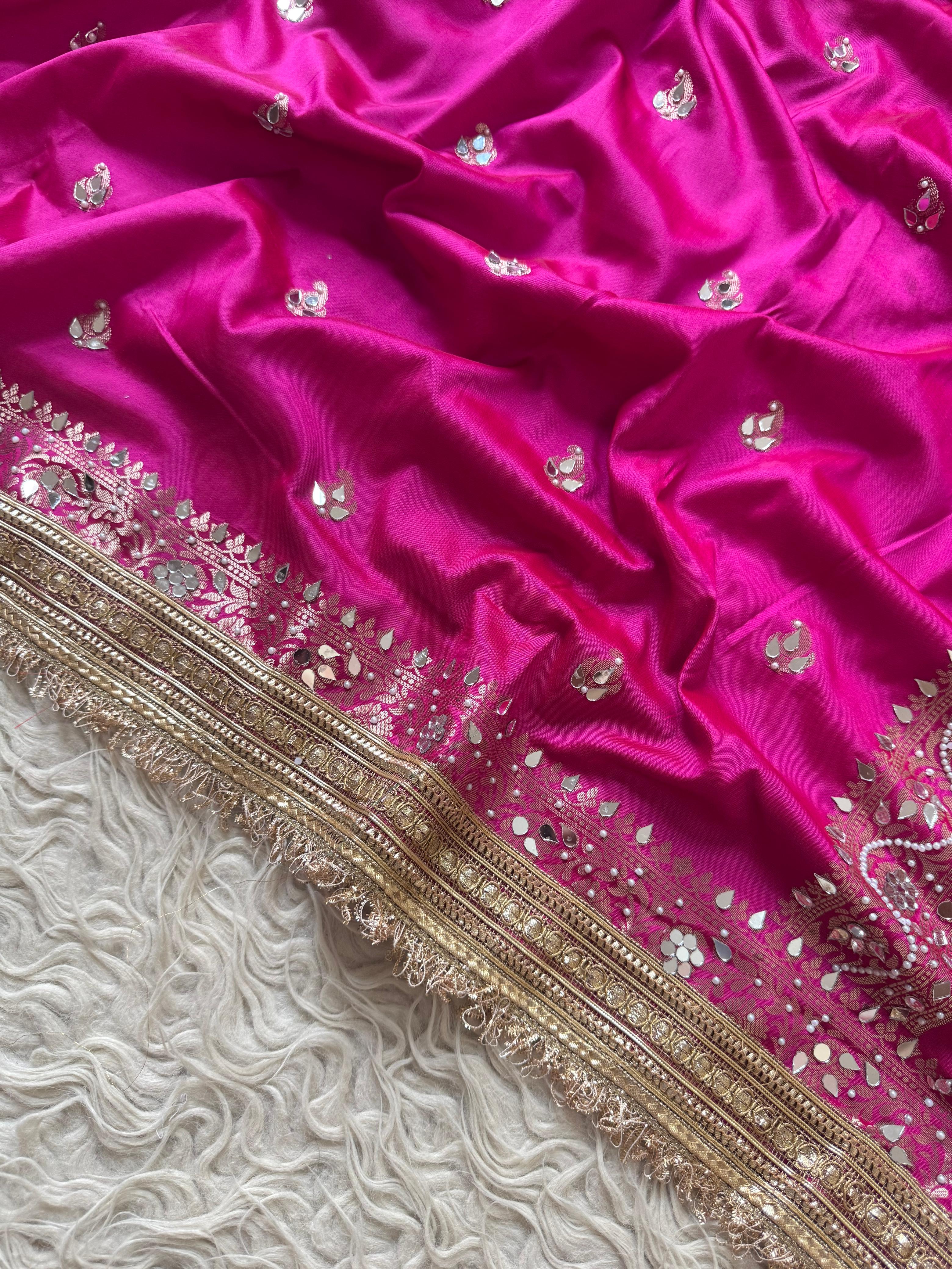 Banarasi Katan Mirror Work Saree With Beautiful Maharani Borders