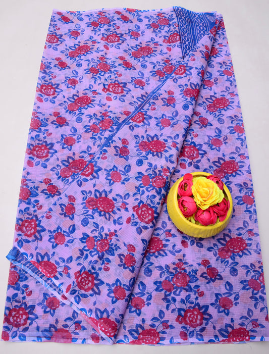 Pure Cotton Kota Doria Kalam Kari Floral Print Saree