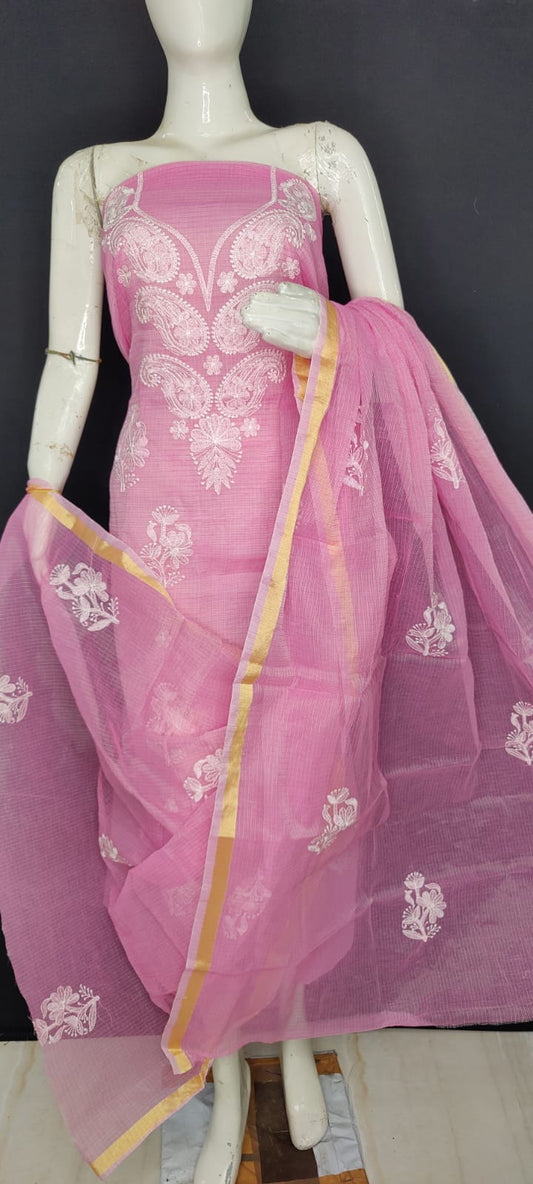 Pure Kota-Doria Unstitched Suit with Embroidery Work