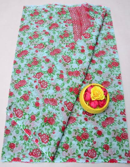 Pure Cotton Kota Doria Kalam Kari Floral Print Saree