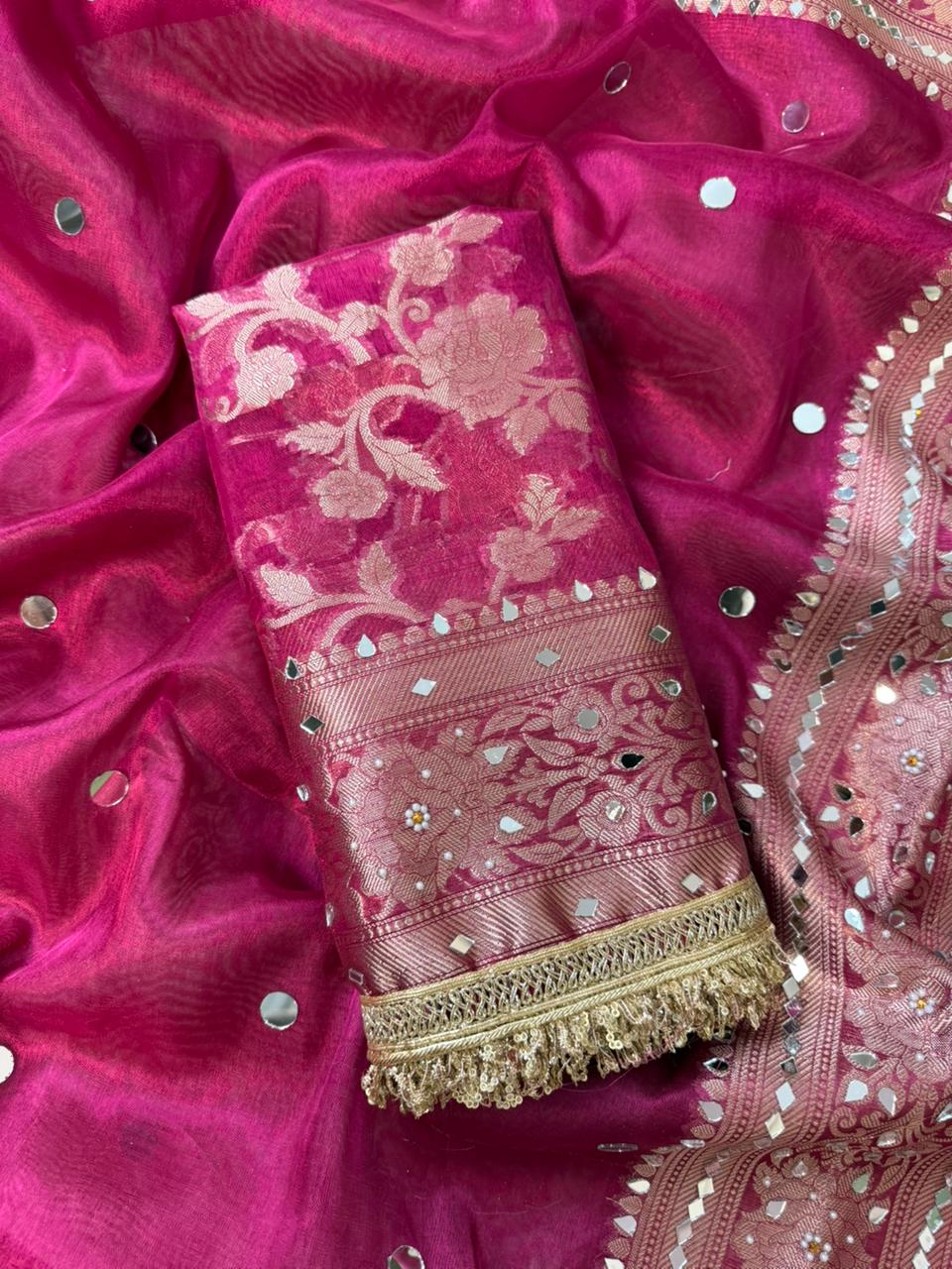 Banarasi Tissue Silk Saree With beautiful  borders with mirror  work