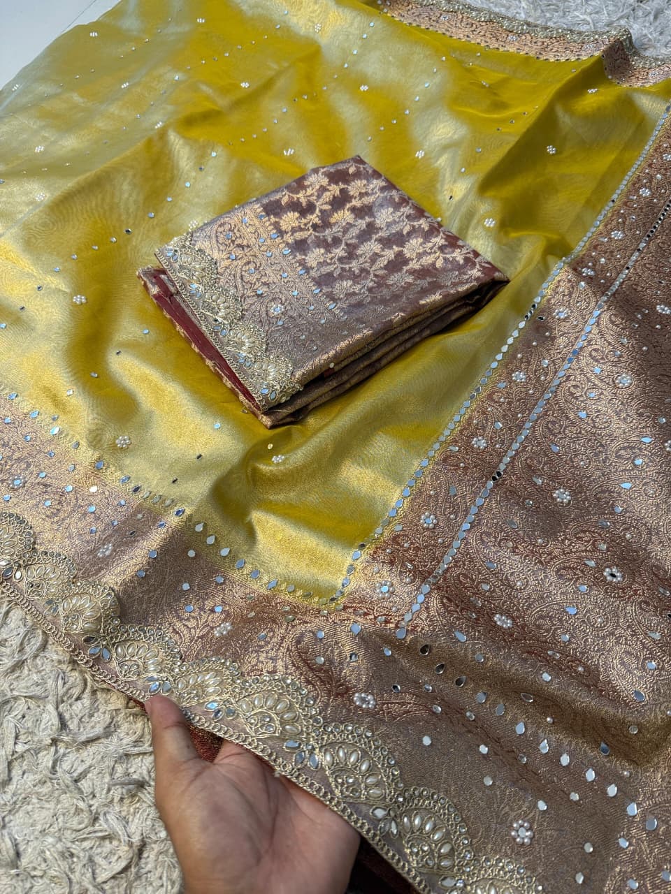 Elegant Tissue Mirror Work Saree with Designer Lace Border