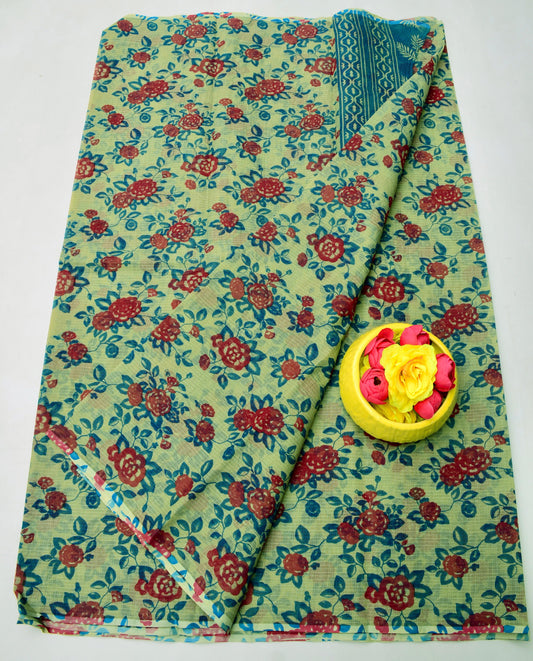 Pure Cotton Kota Doria Kalam Kari Floral Print Saree