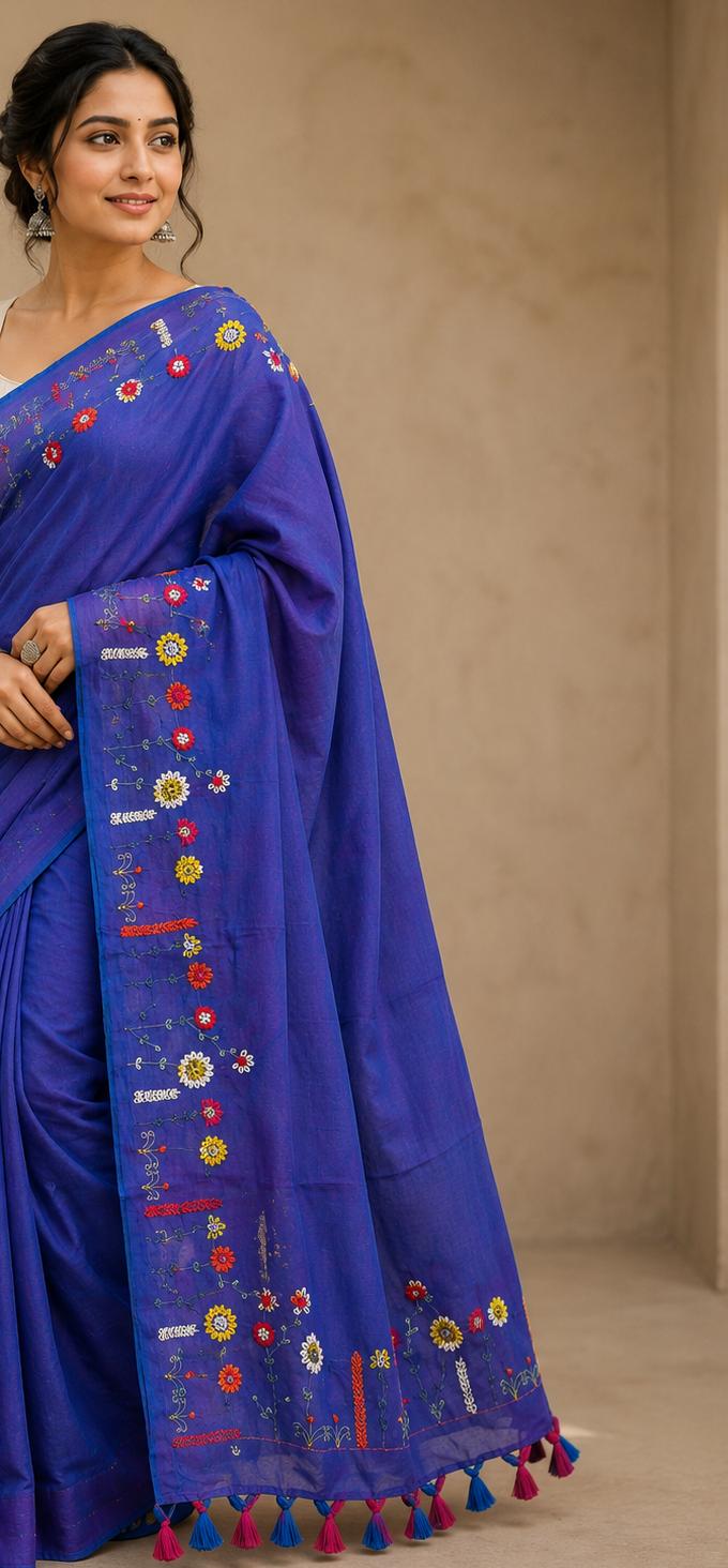 Beautiful Hand Stitch Pure Mul Cotton Saree Without blouse