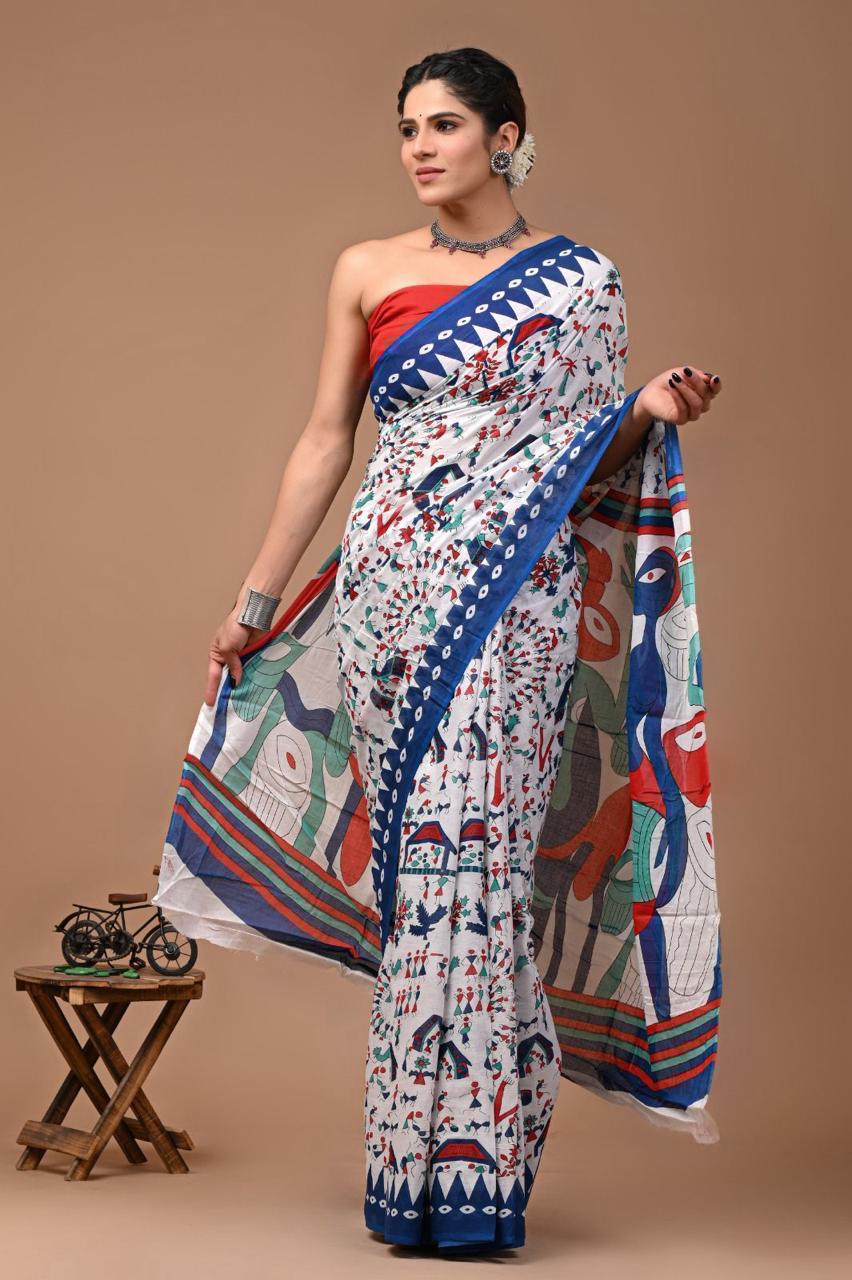 Pure Mulmul Cotton hand block Print Saree with Blouse