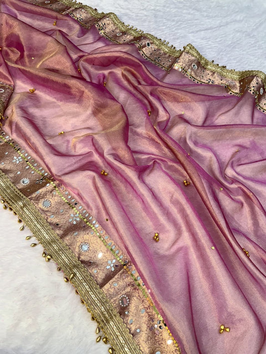 Premium Banarasi Tissue Zari Weaving Saree with Ghungroo Handwork Border
