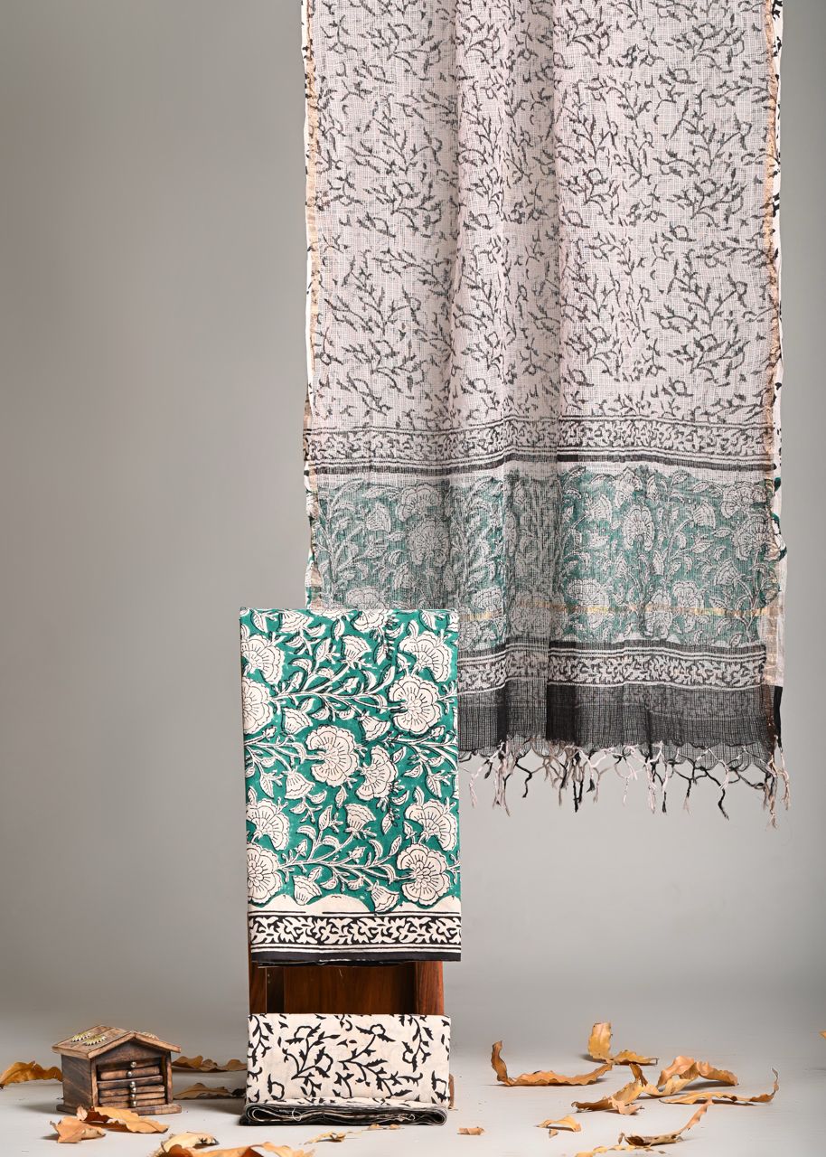 Pure Cotton Hand Block Print Suit With Kota Doriya Dupatta