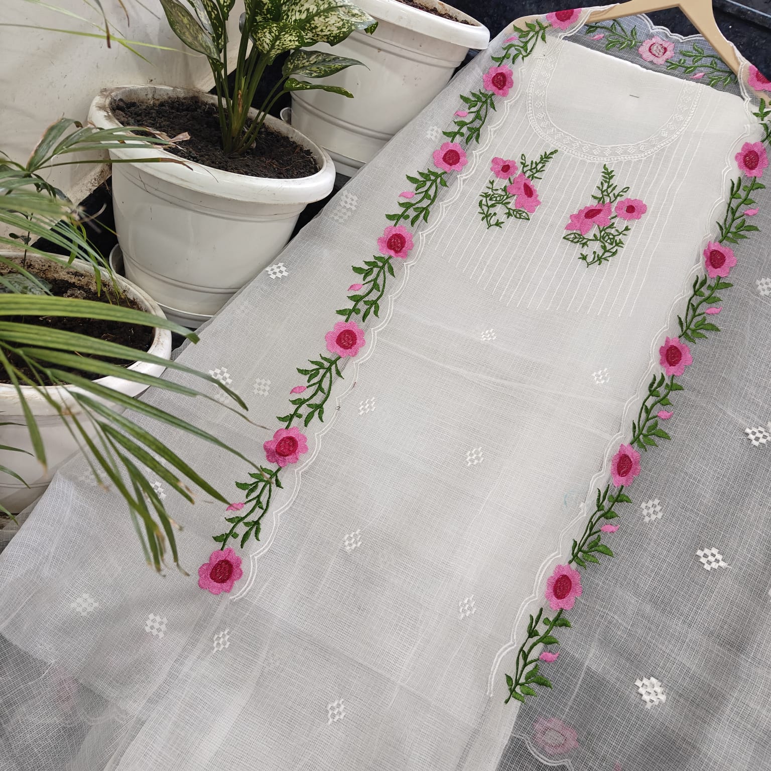 Pure Kota-Doria Unstitched Suit with Embroidery Work